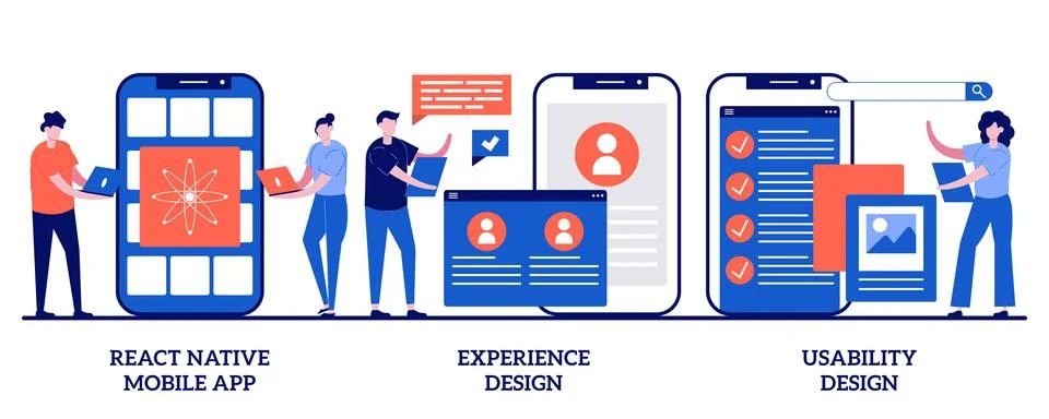 React native mobile app, experience design, usability testing concept with .. Illustrazione stock