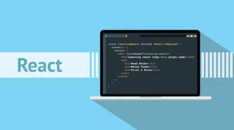 React native programming language with laptop and code script on screen Stock Illustration