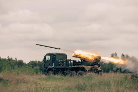 React system GRAD shooting. War between Russia and Ukraine Stock Photos
