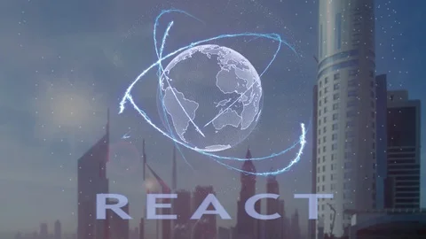 React text with 3d hologram of the planet Earth against the backdrop of the Video stock 98969274