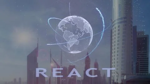 React text with 3d hologram of the planet Earth against the backdrop of the Illustrazione stock
