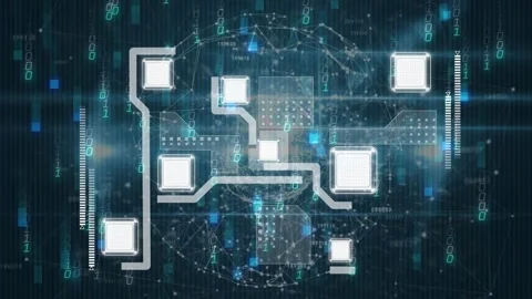 Reacting to boot signal, square nodes pulsing and paths adjusting over wire Stock-Footage 330355235