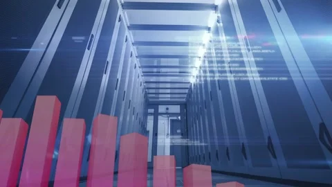 Reacting to data feed, camera moving down central server aisle, showing pink 3D 库存影片 332867214