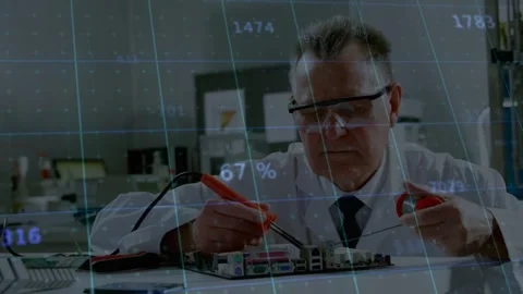 Reacting to data overlay, goggled white-coated tech testing circuit board at Stock Footage 333904699