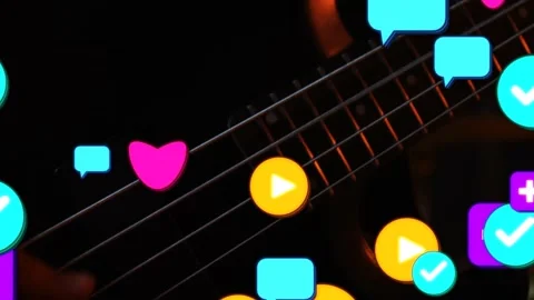 Reactions sending clustered icons while hand fretting and plucking bass strings, Video stock 333965439
