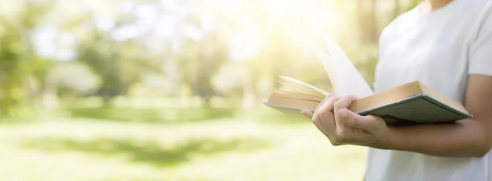 Read and knowledge concept, hand holding book on soft green park banner bac.. Fotos de archivo
