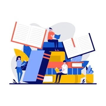 Read book, education concept with tiny character. Student reading open text.. Stock Illustration