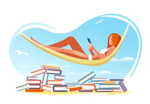 Read book Summer beach concept. Holiday, vacation education, studying vector Stock Illustration