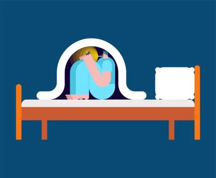 Read book under blanket with flashlight. Night reading. Vector illustration. 스톡 일러스트