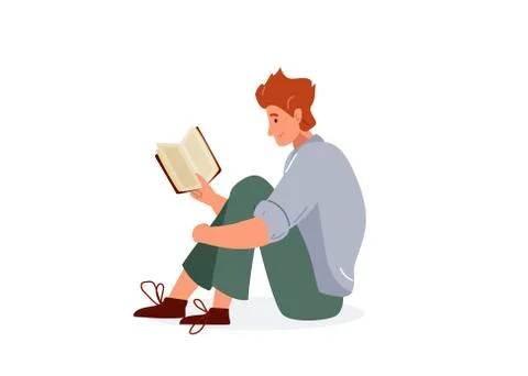 Read book vector illustration. Boy reading books in comfortable pose hugging his Stock Illustration