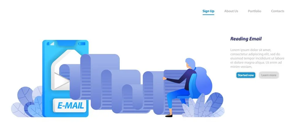 Read email rolls. mobile mail apps with envelopes. women are sitting and read Stock Illustration