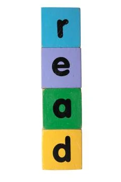 Read in text on toy blocks Stock Photos