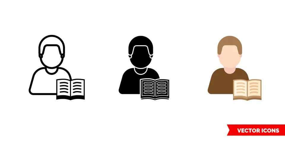 Reader bibliophile icon of 3 types color, black and white, outline. Isolated  Stock Illustration