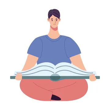Reader man reading book seated in lotus position character Illustrazione stock