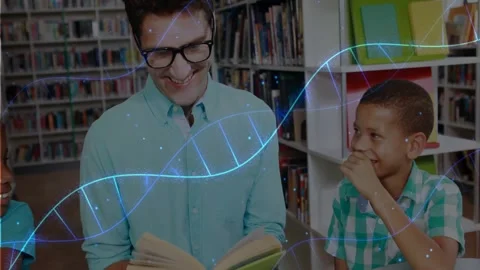 Reader opening green book and reading in library, teaching children with Stock Footage 331614018