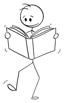 Reader Person Walking and Reading Book , Vector Cartoon Stick Figure Ilustración de archivo