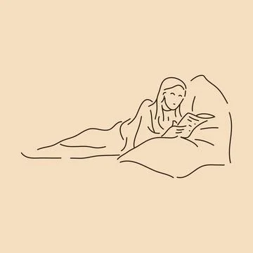 Reader woman reading book lying down. Line art drawing. Sketch outline vector Stock Illustration