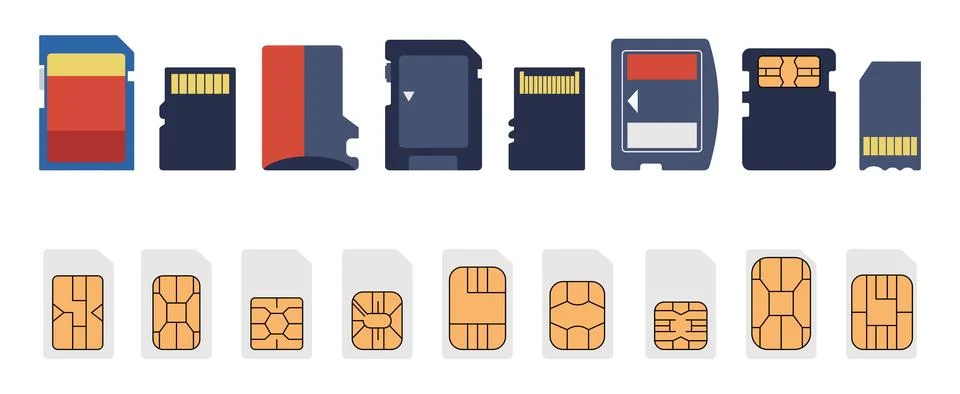 Readers and memory stick. Different cards for computer, photo camera, smartphone Illustrazione stock