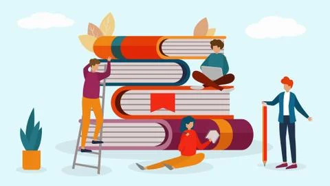 Readers around books stack vector illustration. Group of small people woman man Stock Illustration