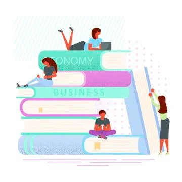 Readers around stack of books Stock Illustration