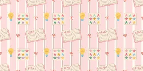 Reading and creativity seamless pattern with books light bulbs stars and pink Ilustración de archivo