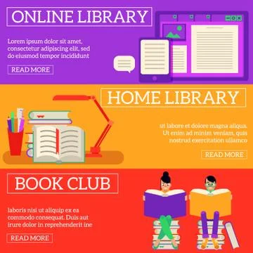 Reading and learning process horizontal banners set. 스톡 일러스트