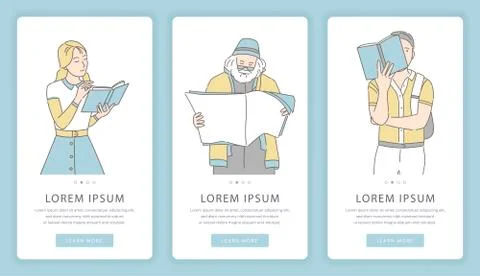 Reading and learning vector mobile app screens. People reading books, newspapers Stock Illustration