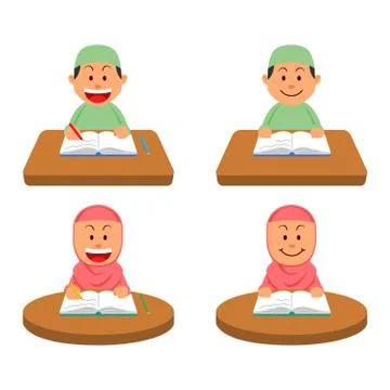 Reading And Writing Book At The Table Of Moslem Student Illustrazione stock