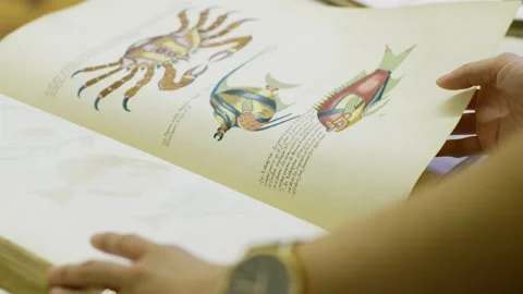 Reading antique book with fish Stock Footage 132546709