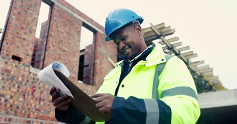 Reading, architect or man with checklist for construction, property framing or Stock Footage 336779340