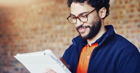 Reading, architect or man with tablet at construction site, progress report.. Stock Photos
