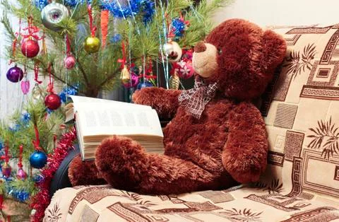 Reading bear, Christmas tree Stock Photos