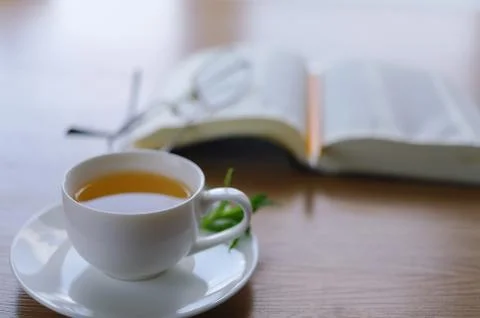 Reading behind a cup of tea. Stock Photos