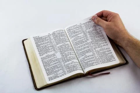 Reading a Bible on White Background. Stock Photos