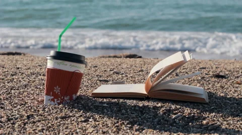 Reading a book and drinking a coffee near the sea Stock Footage 60369113