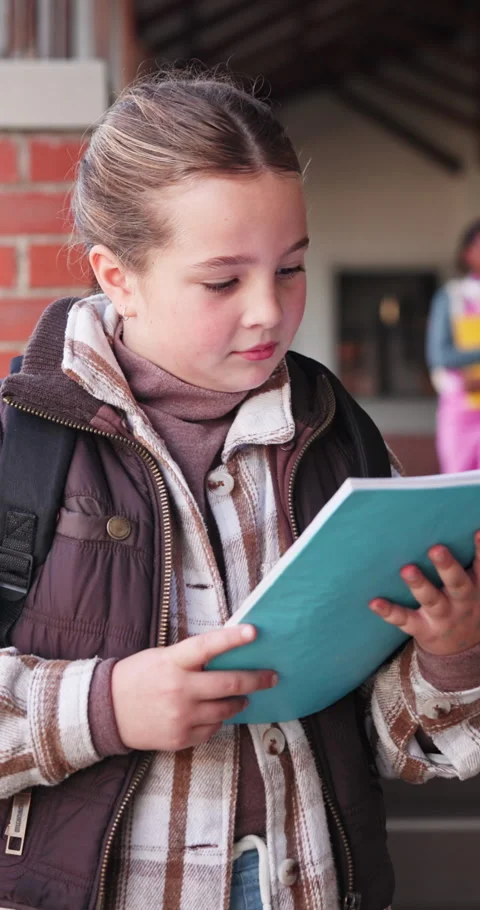 Reading, book and learning with child in school hallway for education, knowledge Stockbeeldmateriaal 341077754