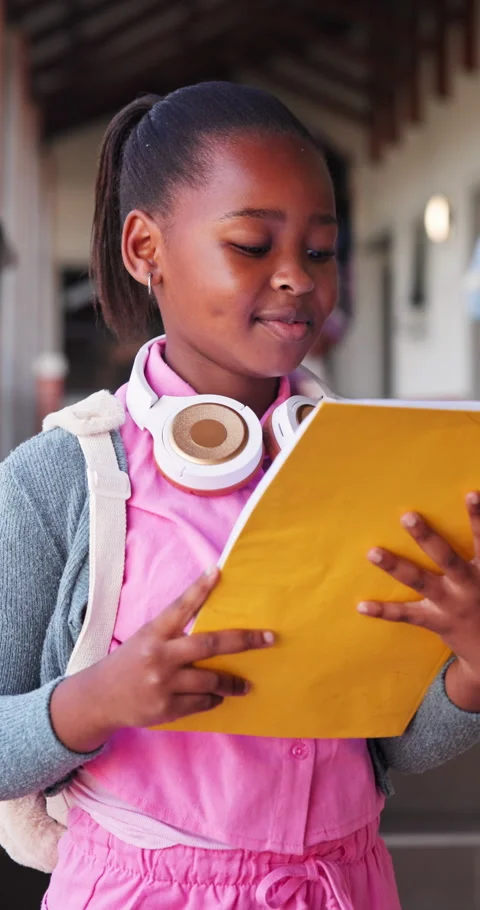 Reading, book and smile with child in school hallway for education, knowledge Stockbeeldmateriaal 341085366