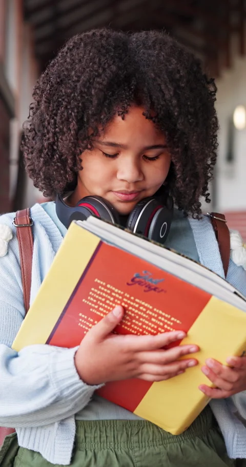 Reading, book and study with child in school hallway for education, knowledge Stock Footage 341077793
