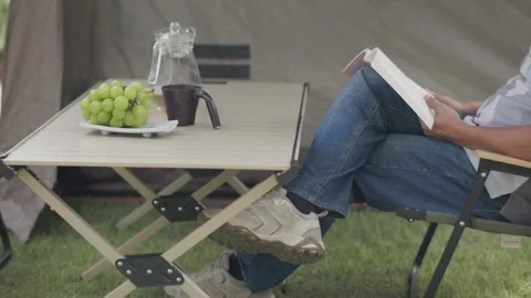 Reading a Book at a Backyard Campsite Video stock 346533977