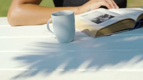Reading book behind palm tree shadow Stock Footage 234963328