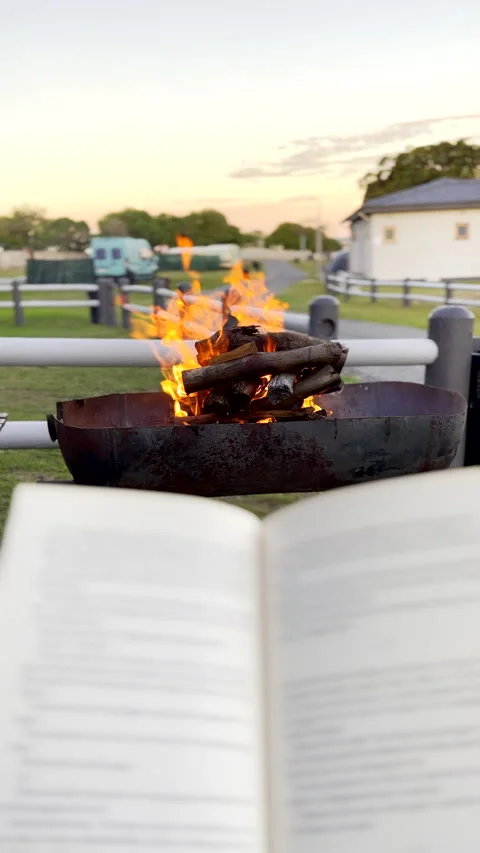 Reading a book at campsite with fire burning in background at sunset Stock Footage 339243556