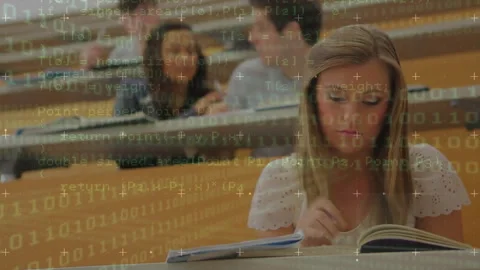 Reading book in classroom, students with coding animation over them Stock Footage 305292664