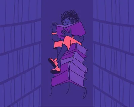 Reading Book Girl On Books Stack Cartoon Outline Violet Illustration イラスト素材