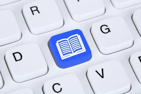 Reading book on internet computer Illustrazione stock