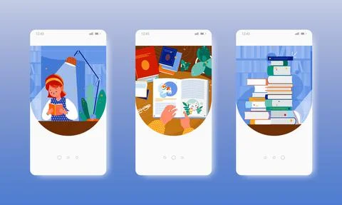 Reading book. Library. Knowledge, education. Mobile app screens, vector website Ilustración de archivo