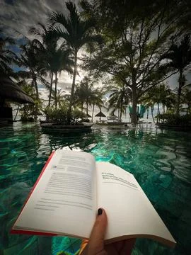 Reading a Book in the Pool Under Palm Trees  Mauritius Tropical Escape Stock Photos