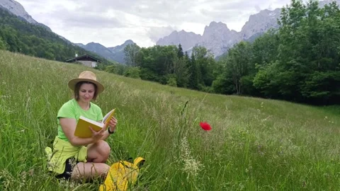 Reading a book in a serene meadow surrounded by mountains in summer Stock-Footage 310536679