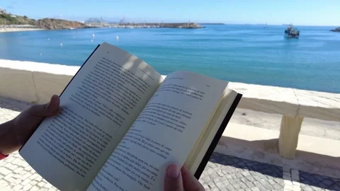 Reading a book with a view Stock Footage