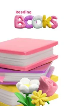 Reading books 3D style vector poster design with flowers, cartoon books Stock Illustration