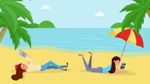 Reading books on beach flat vector illustration. Young girls, tourists enjoying Stock Illustration
